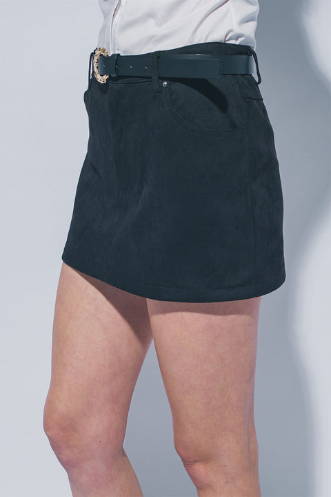 Gold Buckle Belt Suede Mini Skort with Built-In Shorts