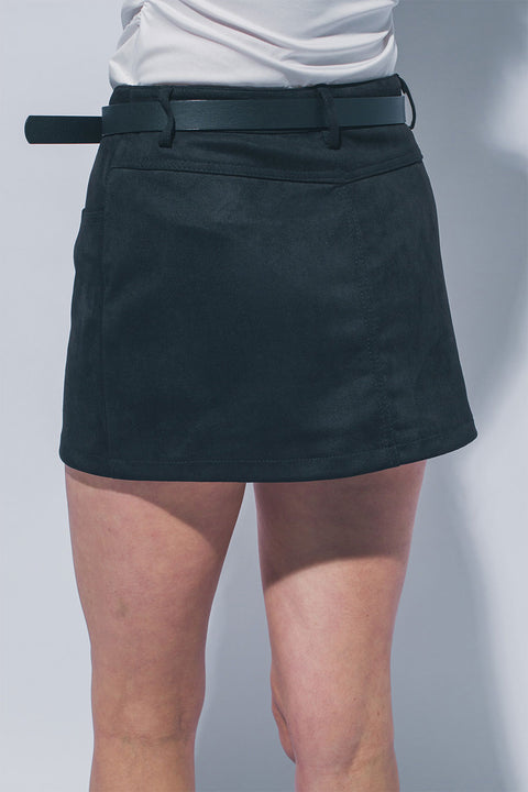 Gold Buckle Belt Suede Mini Skort with Built-In Shorts