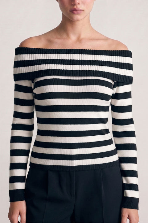 Off-Shoulder Stripe Ribbed Sweater Top