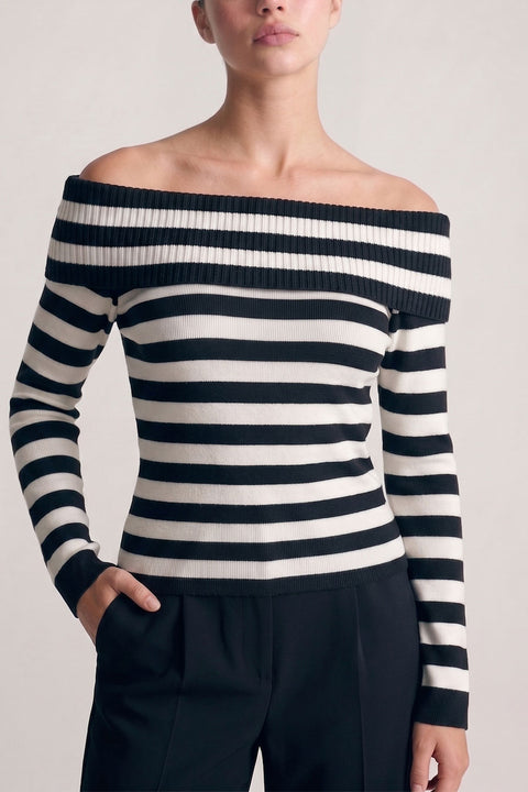Off-Shoulder Stripe Ribbed Sweater Top
