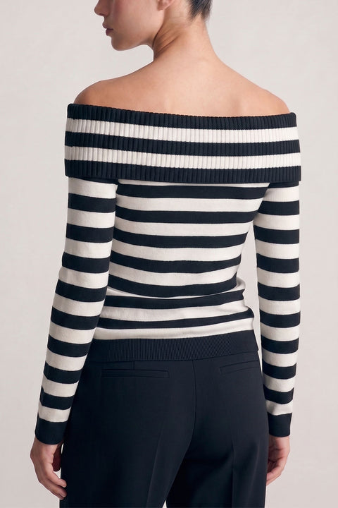 Off-Shoulder Stripe Ribbed Sweater Top