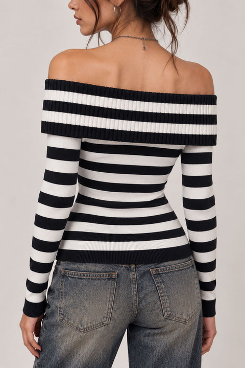 Off-Shoulder Stripe Ribbed Sweater Top
