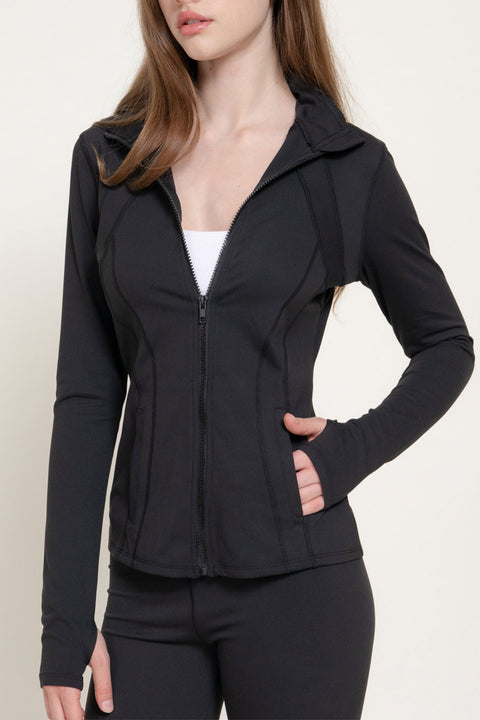 Basic Long Sleeve Thumb Holes Activewear Zip-Up Body-Sculpting Jacket