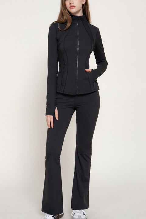 Basic Long Sleeve Thumb Holes Activewear Zip-Up Body-Sculpting Jacket