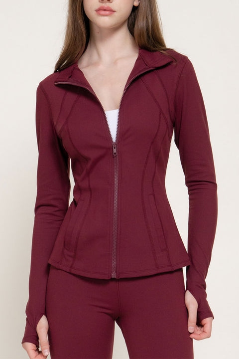 Basic Long Sleeve Thumb Holes Activewear Zip-Up Body-Sculpting Jacket