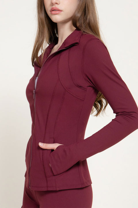 Basic Long Sleeve Thumb Holes Activewear Zip-Up Body-Sculpting Jacket