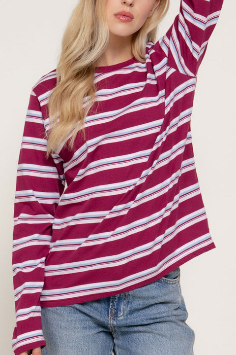 Long Sleeve Multi Striped Cotton Knit T-Shirt