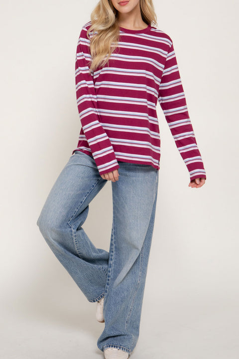 Long Sleeve Multi Striped Cotton Knit T-Shirt