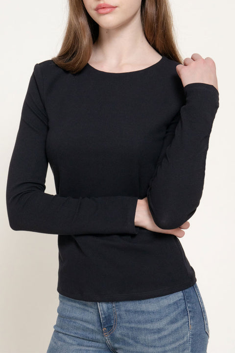 Basic Long Sleeve Round Neck 1X1 Rib Figure-Hugging Knit Top