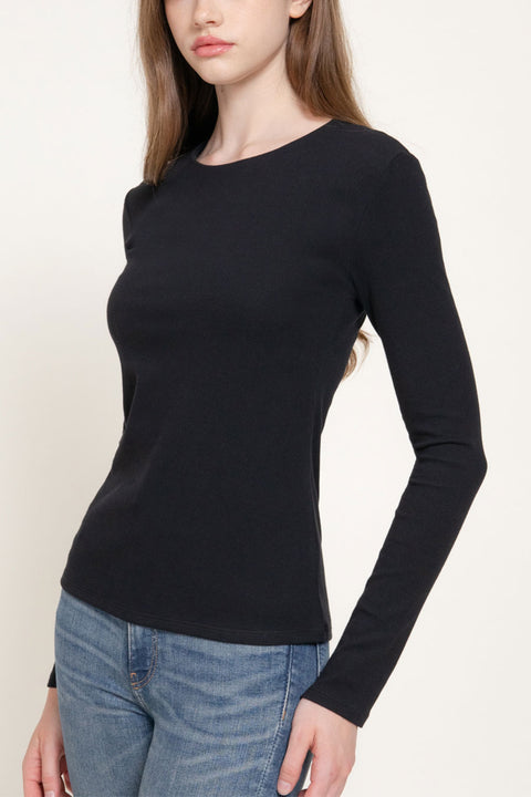Basic Long Sleeve Round Neck 1X1 Rib Figure-Hugging Knit Top