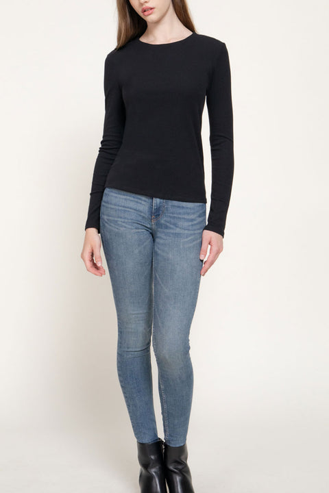 Basic Long Sleeve Round Neck 1X1 Rib Figure-Hugging Knit Top