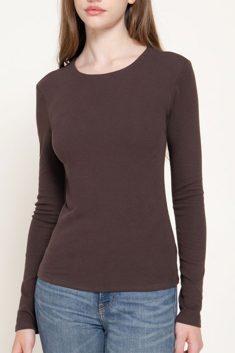 Basic Long Sleeve Round Neck 1X1 Rib Figure-Hugging Knit Top