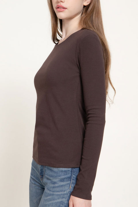 Basic Long Sleeve Round Neck 1X1 Rib Figure-Hugging Knit Top