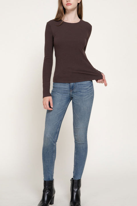 Basic Long Sleeve Round Neck 1X1 Rib Figure-Hugging Knit Top