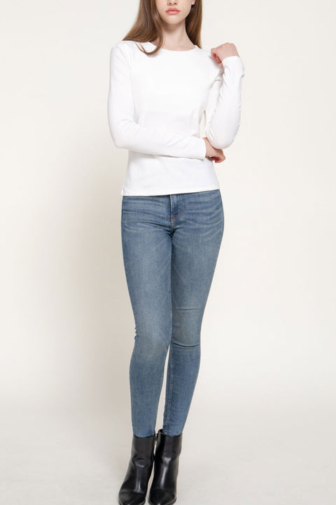 Basic Long Sleeve Round Neck 1X1 Rib Figure-Hugging Knit Top