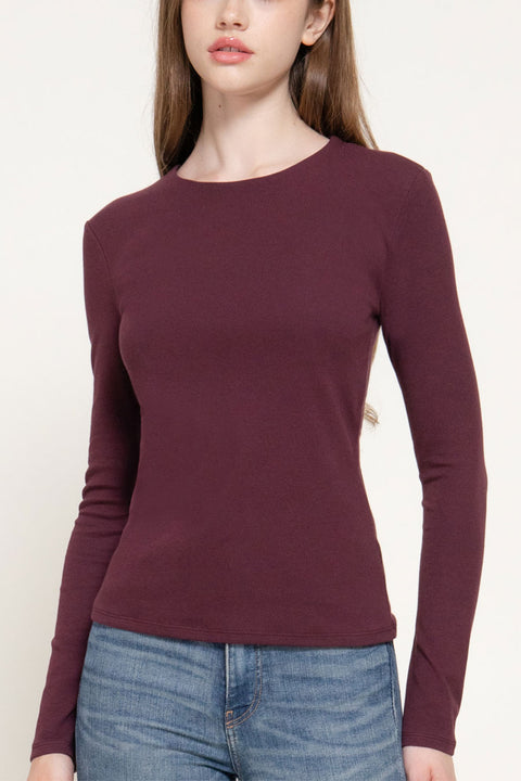 Basic Long Sleeve Round Neck 1X1 Rib Figure-Hugging Knit Top