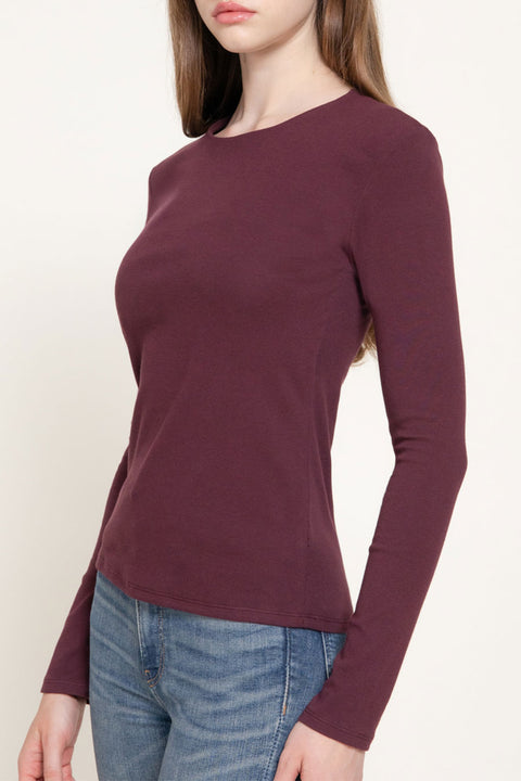 Basic Long Sleeve Round Neck 1X1 Rib Figure-Hugging Knit Top