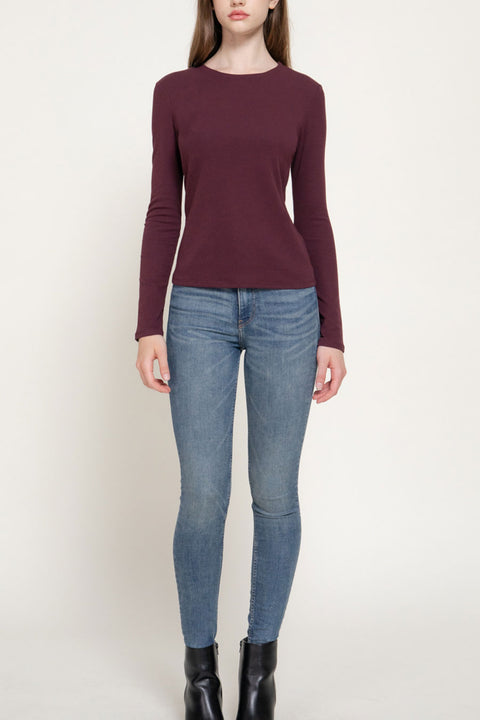 Basic Long Sleeve Round Neck 1X1 Rib Figure-Hugging Knit Top