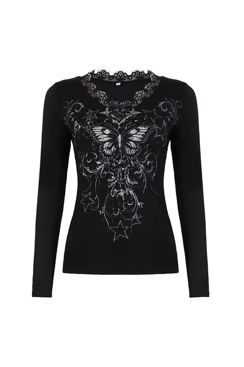 Y2K Goth Butterfly Lace Long Sleeve Top