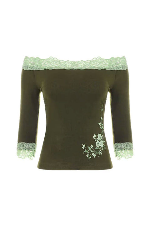 2000s Romantic Grunge Olive Lace Floral Off-Shoulder 3/4 Sleeve Top