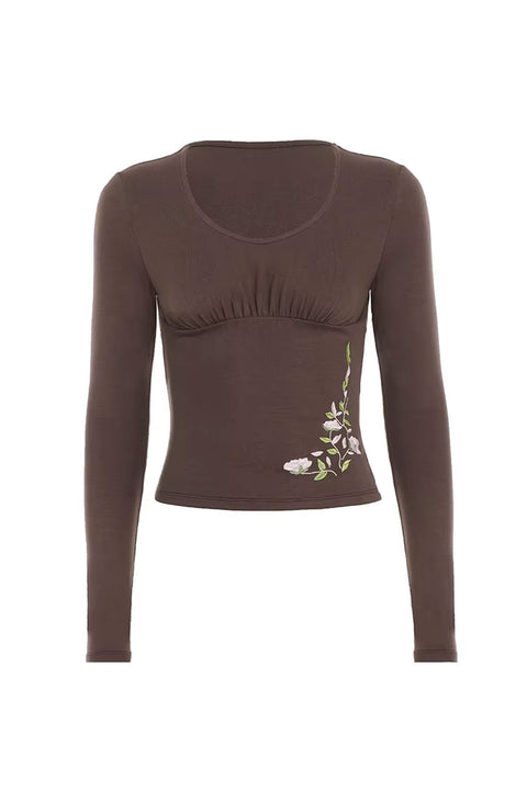 2000s Soft Romantic Floral Embroidered Ruched Long Sleeve Top
