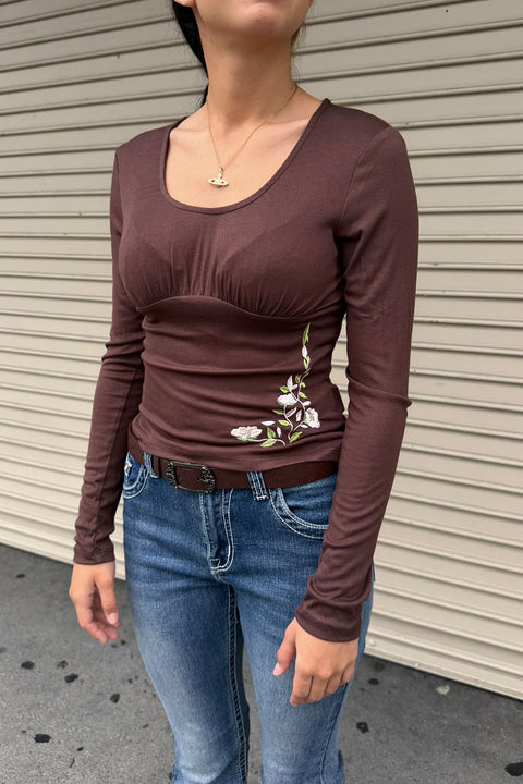 2000s Soft Romantic Floral Embroidered Ruched Long Sleeve Top