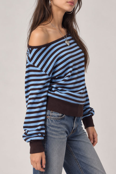 Retro-Inspired Striped Boat Neck Off-The-Shoulder Sweater Top