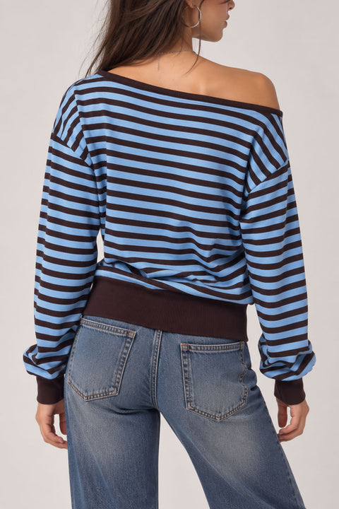 Retro-Inspired Striped Boat Neck Off-The-Shoulder Sweater Top