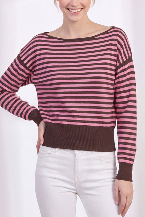 Retro-Inspired Striped Boat Neck Off-The-Shoulder Sweater Top