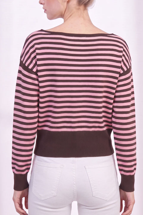Retro-Inspired Striped Boat Neck Off-The-Shoulder Sweater Top
