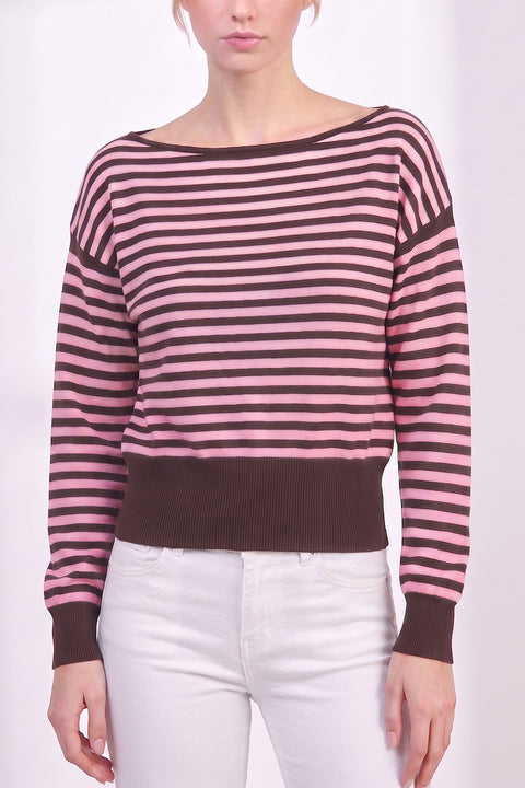 Retro-Inspired Striped Boat Neck Off-The-Shoulder Sweater Top