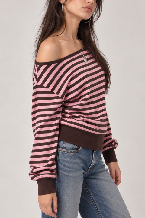 Retro-Inspired Striped Boat Neck Off-The-Shoulder Sweater Top
