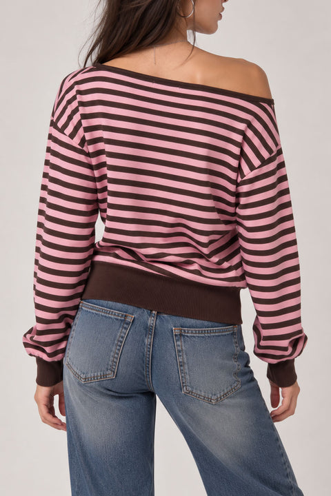 Retro-Inspired Striped Boat Neck Off-The-Shoulder Sweater Top