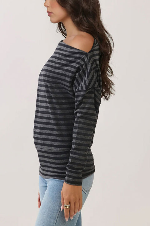 2000s Off-The-Shoulder Yarn-Dyed Stripe Raglan Long Sleeve Tee