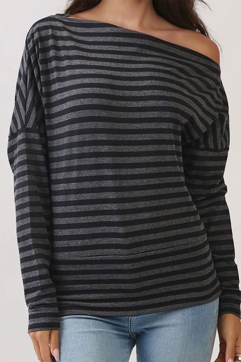 2000s Off-The-Shoulder Yarn-Dyed Stripe Raglan Long Sleeve Tee