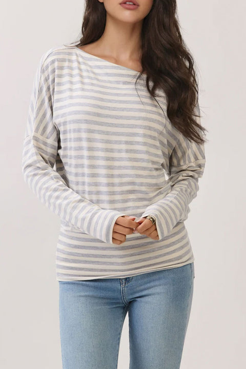 2000s Off-The-Shoulder Yarn-Dyed Stripe Raglan Long Sleeve Tee