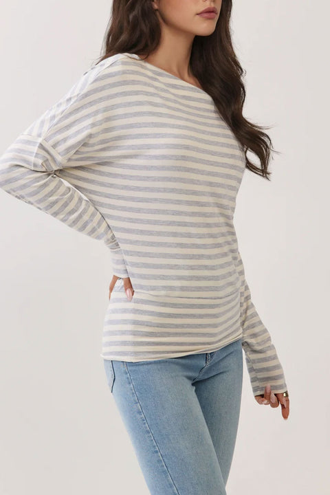 2000s Off-The-Shoulder Yarn-Dyed Stripe Raglan Long Sleeve Tee
