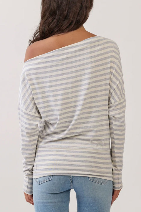 2000s Off-The-Shoulder Yarn-Dyed Stripe Raglan Long Sleeve Tee
