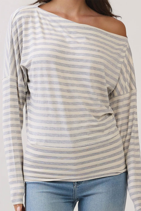 2000s Off-The-Shoulder Yarn-Dyed Stripe Raglan Long Sleeve Tee