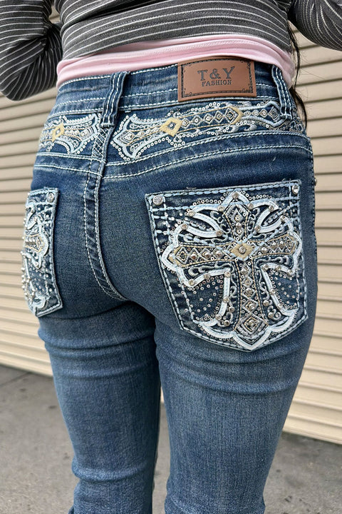 2000s Style Gothic Cross Rhinestone Bling Back Pocket & Waist Yoke Bootcut Jean with Good Stretch
