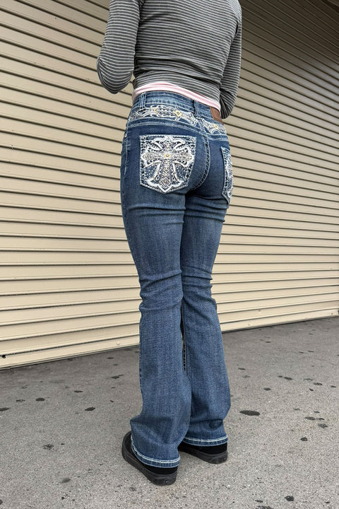 2000s Style Gothic Cross Rhinestone Bling Back Pocket & Waist Yoke Bootcut Jean with Good Stretch