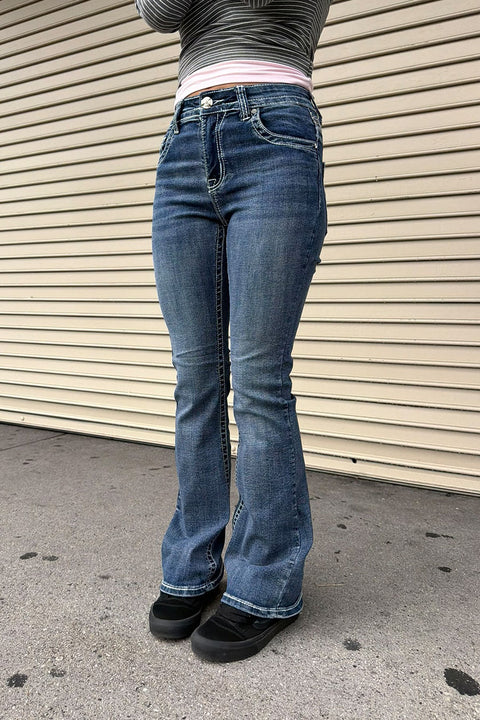2000s Style Gothic Cross Rhinestone Bling Back Pocket & Waist Yoke Bootcut Jean with Good Stretch