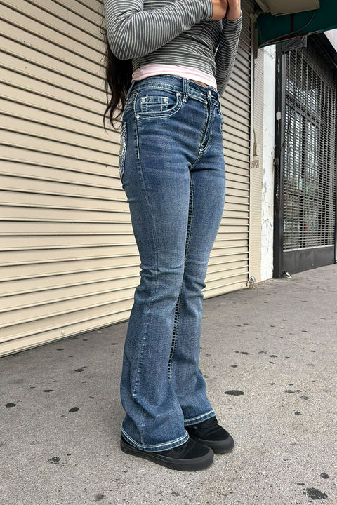 2000s Style Gothic Cross Rhinestone Bling Back Pocket & Waist Yoke Bootcut Jean with Good Stretch