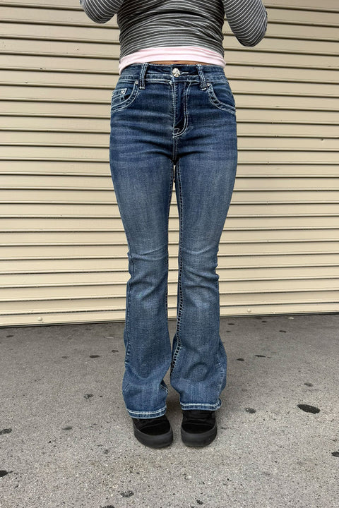 2000s Style Gothic Cross Rhinestone Bling Back Pocket & Waist Yoke Bootcut Jean with Good Stretch