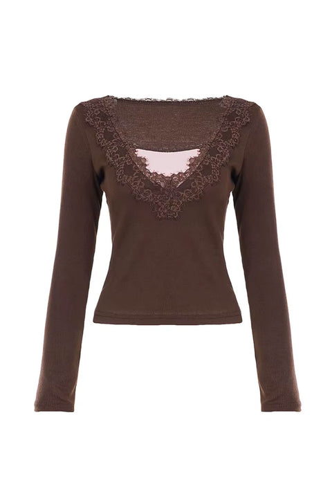 2000s Romantic Lace-Trimmed V-Neck Long Sleeve Top with Contrast Pink Inset