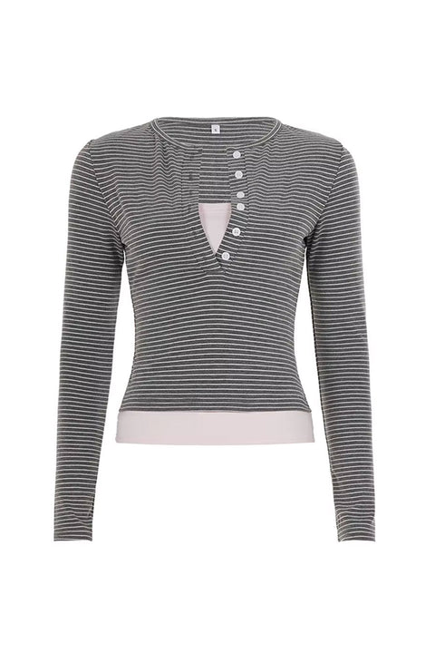 2000s Preppy Striped Layered Henley Long Sleeve Top