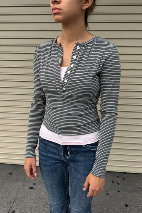 2000s Preppy Striped Layered Henley Long Sleeve Top