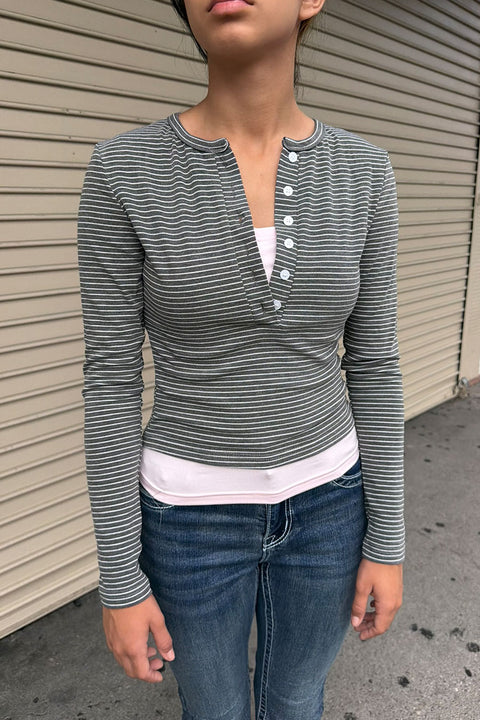 2000s Preppy Striped Layered Henley Long Sleeve Top