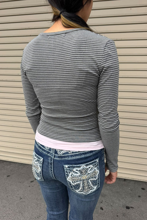 2000s Preppy Striped Layered Henley Long Sleeve Top