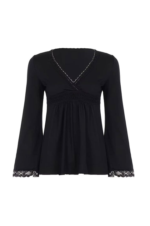 Y2K Dark Feminine Stitch Detail V-Neck Lace Trim Bell Sleeve Babydoll Top
